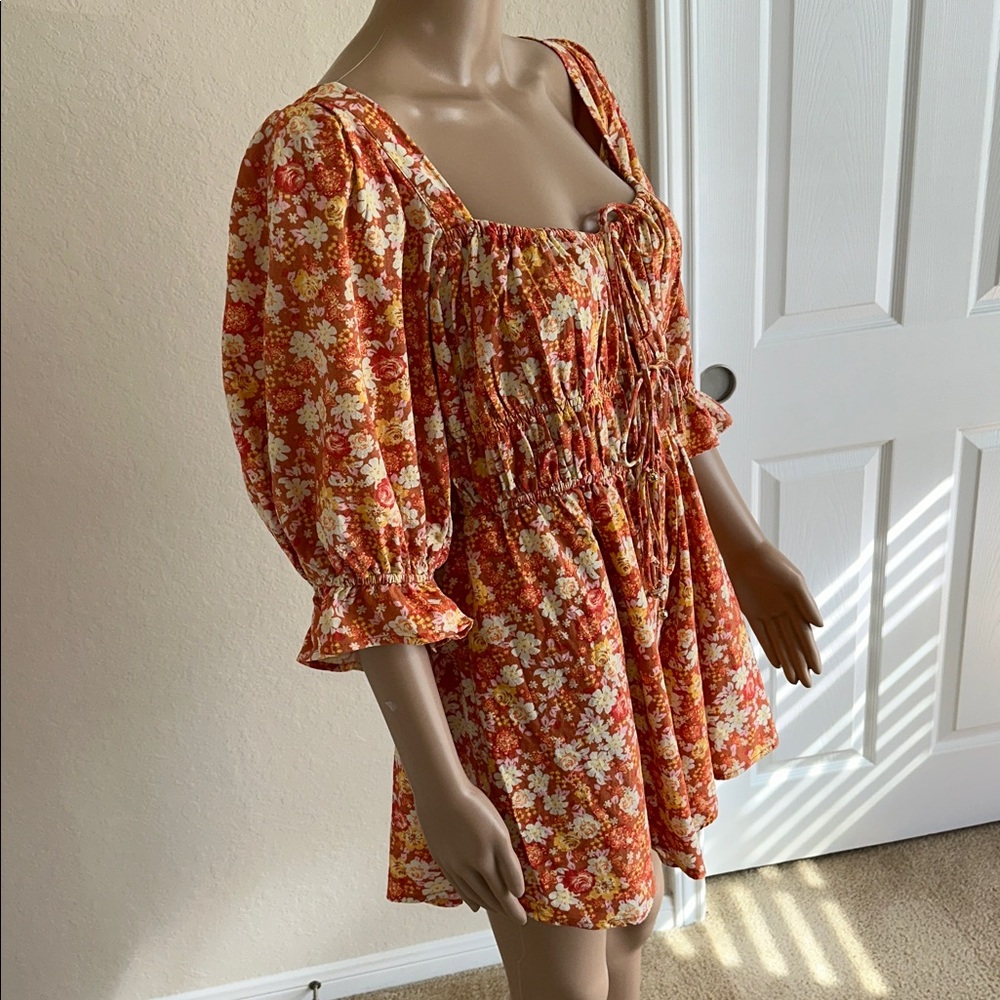 Free People Orange & Cream Smocked Romper Size Medium - Picture 2 of 16